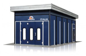 Accudraft Italia Outdoor Paint Booth with Rear Mechanicals in Blue Exterior Vinyl Color