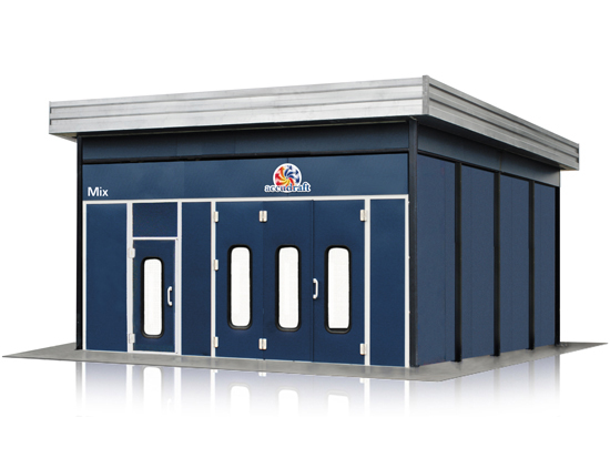 Accudraft Outdoor Paint Booth with Side Mechanicals and Attched Paint Mixing Room in Blue Exterior Vinyl Color