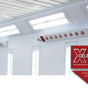 Xcelerator-Waterborne-Paint-Drying-System-Installed-In-A-Paint-Booth-with-Product-Sticker