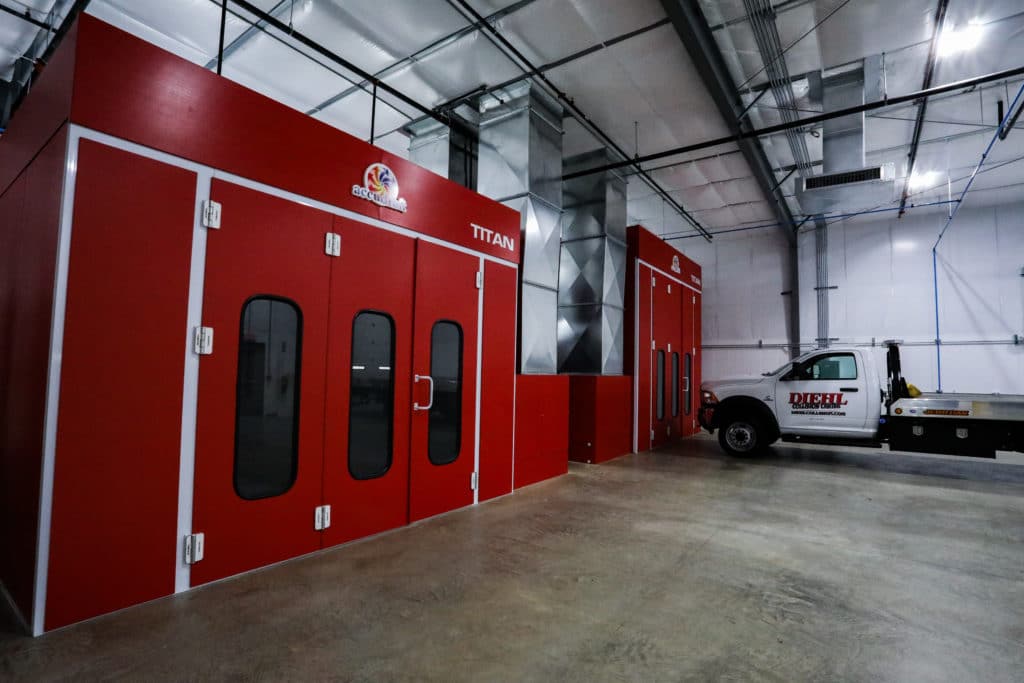 Accudraft Titan paint booth in red for collision repair shop